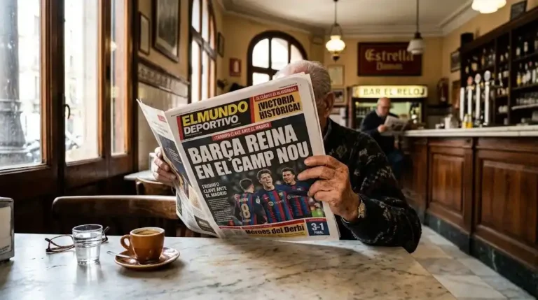 Diario Sport de Barcelona periódico con titular de victoria del FC Barcelona en una cafetería tradicional española.