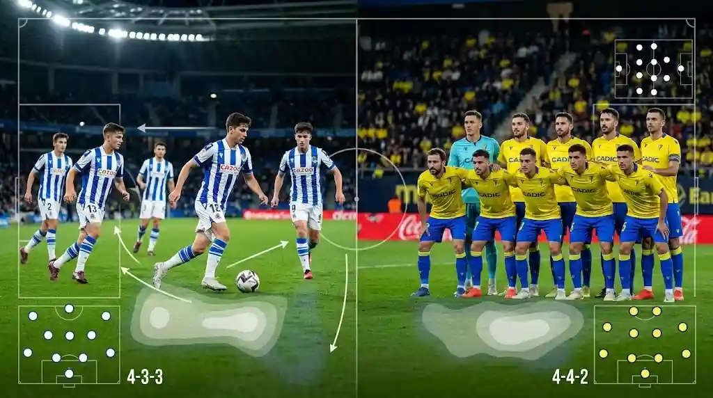 real sociedad b - cádiz análisis táctico de formación 4-3-3 contra bloque defensivo 4-4-2