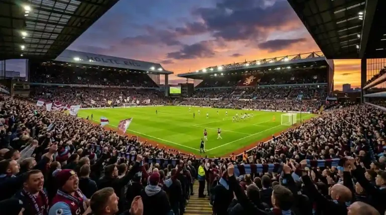 Vista panorámica del estadio Villa Park repleto durante un partido de Aston Villa Football Club con aficionados levantando bufandas granate y azul celeste al atardecer.