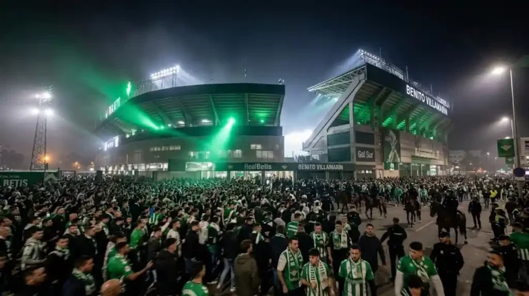 Estadio deportivo betis iluminado de noche con luces verdes y blancas y afición entrando a Gol Sur