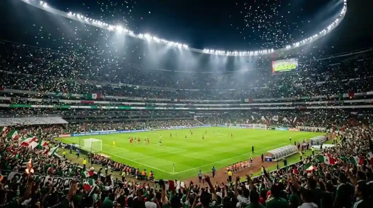 Vista panorámica de un estadio deportivo lleno bajo intensos focos con confeti cayendo durante un partido de fútbol nocturno.