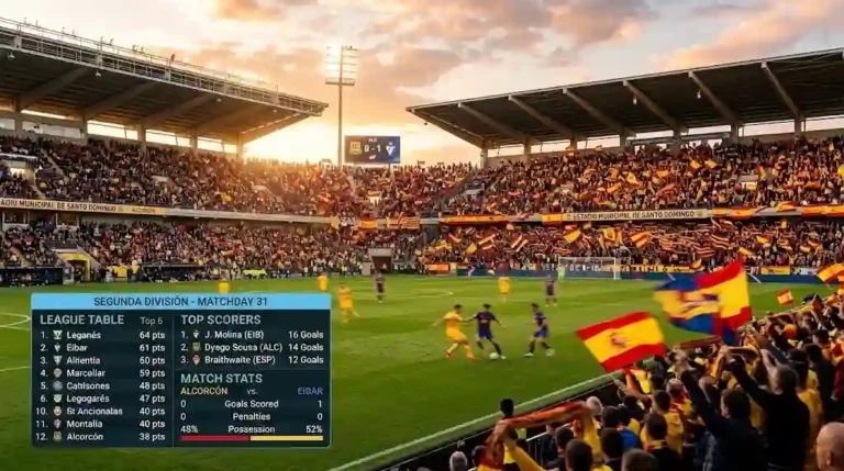 Vista panorámica de un estadio español durante un partido con gráficos de estadísticas de la liga 2.