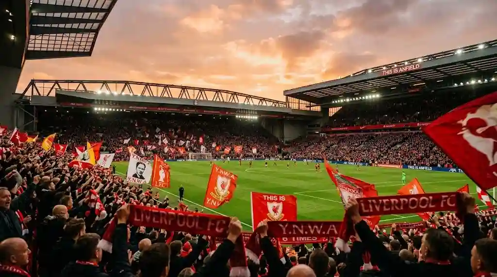 Fotografía ultra panorámica de los aficionados del Liverpool Football Club ondeando bufandas y pancartas en el Estadio Anfield durante el atardecer.