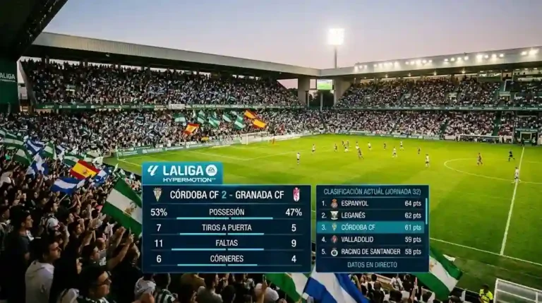 Gráfico con las estadísticas de la liga 2 que muestra la posesión, tiros a puerta y la clasificación en vivo durante un partido en el estadio.
