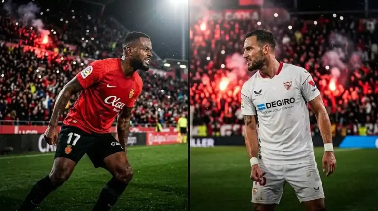 Jugadores de r.c.d. mallorca - sevilla en un intenso enfrentamiento cara a cara durante un partido de LaLiga.