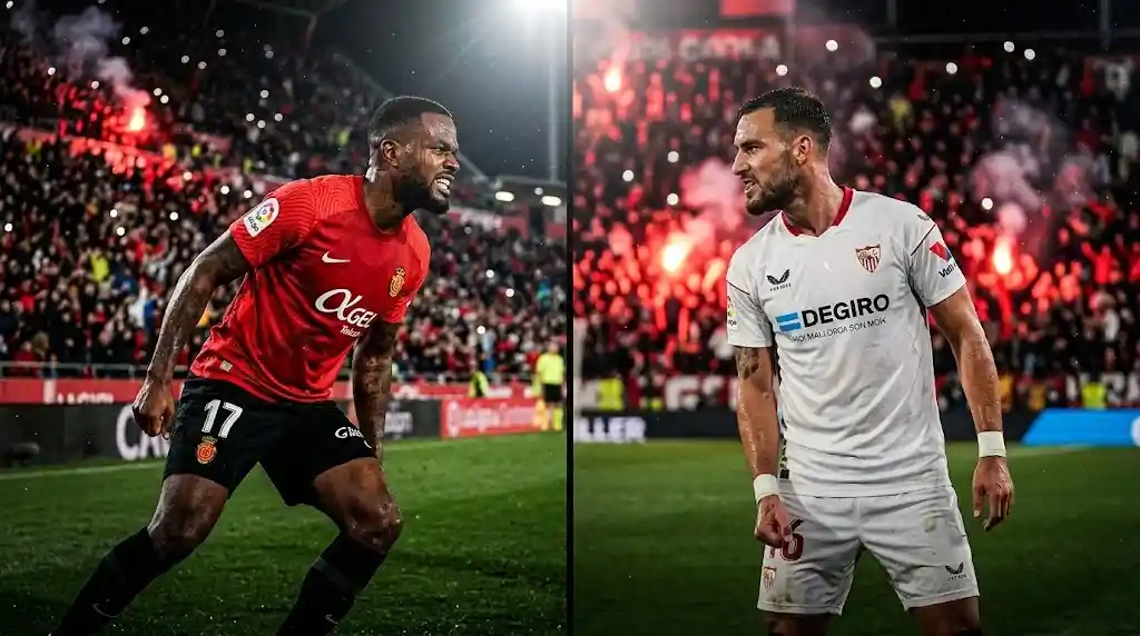 Jugadores de r.c.d. mallorca - sevilla en un intenso enfrentamiento cara a cara durante un partido de LaLiga.
